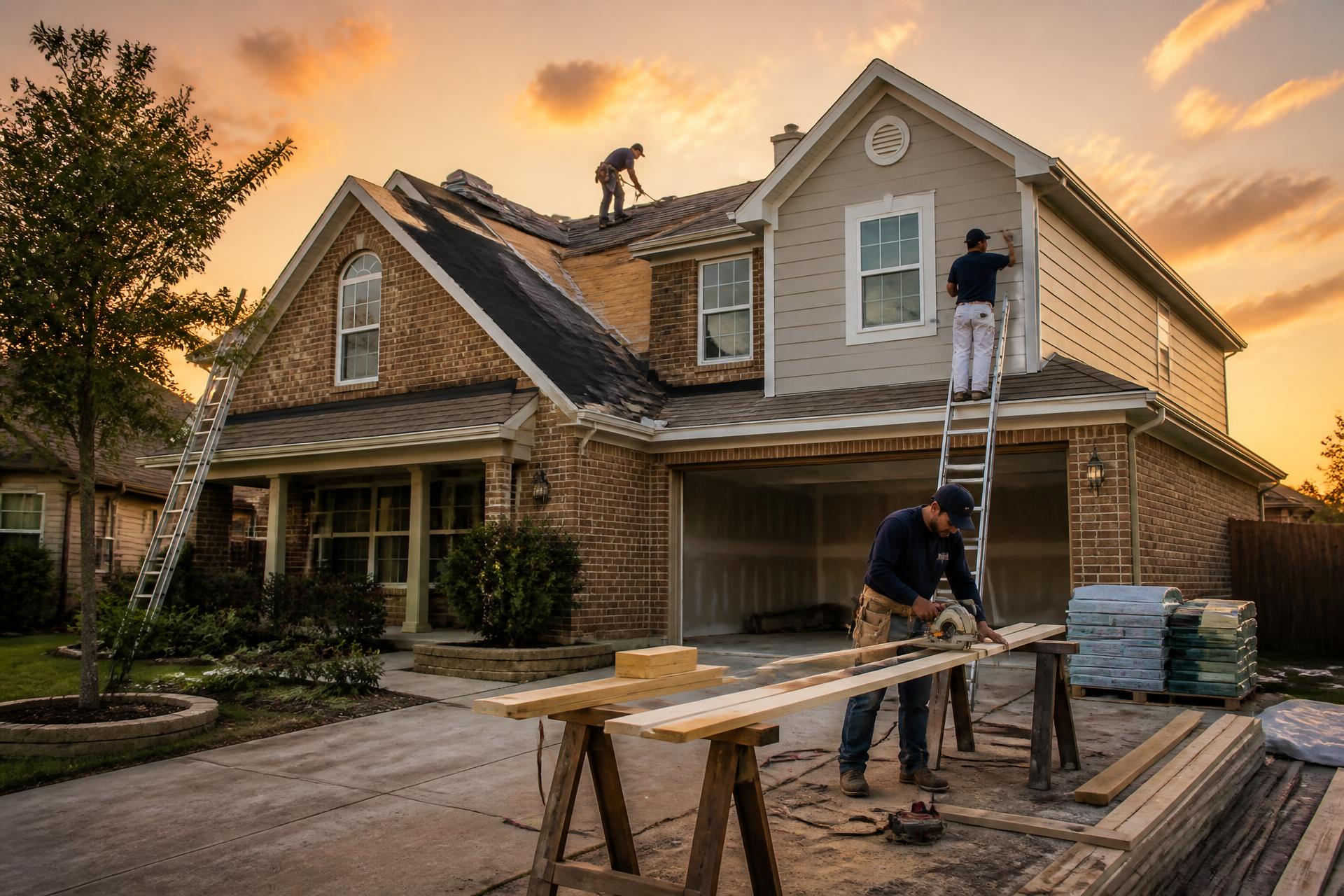 Trade crews working on a Texas home at golden hour